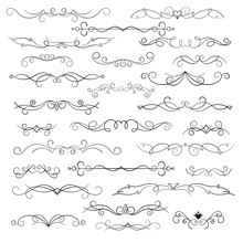 Decorative Elements And Calligraphic Workpiece. Decorative Monograms And Calligraphic Borders. Classic Design Elements For Wedding Invitations. Set Isolated On White Background.