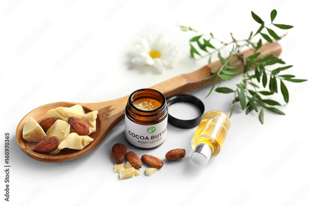 Beautiful composition with cocoa butter lotion on white background