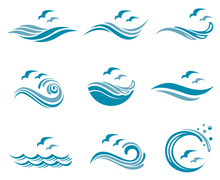 Collection Of Ocean Logo With Waves And Seagulls