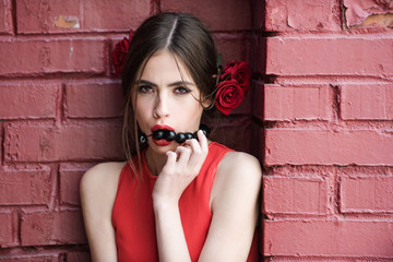 Wall Mural - girl with fashionable makeup and rose flower in hair