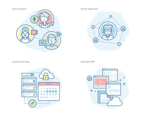 set of concept line icons for online education, apps, virtual classroom, education network, lecture 