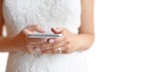 Bride using smartphone isolated on white background. Free space for text input, iconc, etc