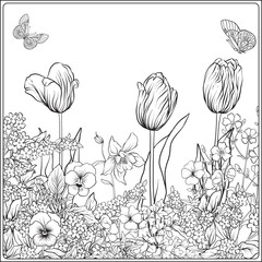 Wall Mural - Composition with spring flowers: tulips, daffodils, violets, for