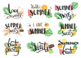 Fototapeta Dinusie - Vector hand-drawn lettering with illustrations of leaves of palm trees, fruits, cocktails, etc. Summer labels, logos, hand drawn tags and elements set for summer holiday. Summer sweets and ice cream