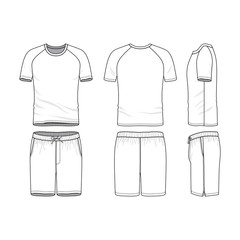 Wall Mural - Vector templates of clothing set. Front, back, side views of blank t-shirt with raglan sleeves and shorts. Sportswear, uniform clothes. Fashion illustration. Line art design.