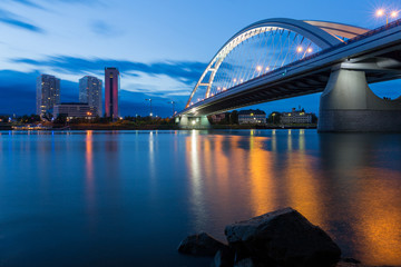 Apollo bridge and highrise buildings in Bratislava, Slovakia.