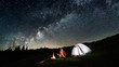 Night camping. Couple tourists sitting at a campfire near illuminated tent under incredible night sky full of stars and milky way. Long exposure. Picture aspect ratio 16:9