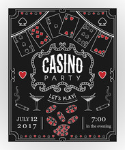 Casino Party Invitation On Chalkboard With Decorative Elements. Vintage Vector Illustration