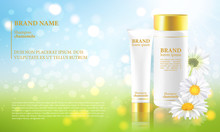 Procurement For The Advertising Block Of Chamomile Cosmetics. Realistic Containers On A Blue Sky Background. Vector.