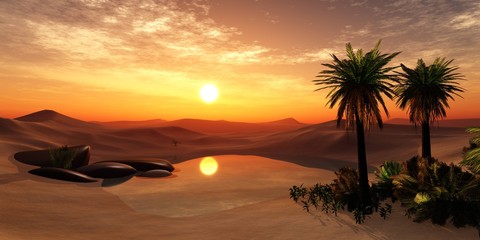 Wall Mural - Oasis
Desert landscape with a pond, palm trees and stones
