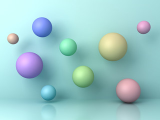 Poster - Abstract colorful 3d flying spheres on cyan background with reflection and shadows. 3D rendering.