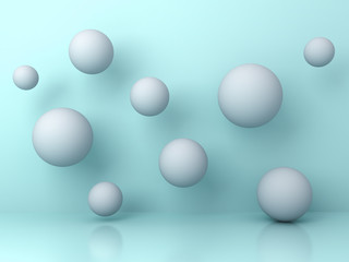 Poster - Abstract white flying 3d spheres on cyan background with reflection and shadows. 3D rendering.