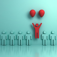 Leinwandbilder - Stand out from the crowd and different creative idea concepts , One man flying upward with two red balloons out from green people on light green background with reflections and shadows. 3D rendering.