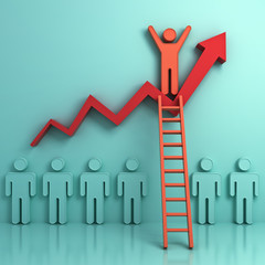 Aufkleber - Stand out from the crowd and different creative idea , One man climbing ladder to standing on top of business growth graph chart on light green background with reflections and shadows . 3D rendering.