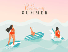 Hand Drawn Vector Abstract Exotic Summer Time Funny Illustration With Surfer Girls, Unicorn Float,surfboard And Dog Looking At The Sunset On Blue Ocean Waves With Modern Calligraphy Relaxing Summer