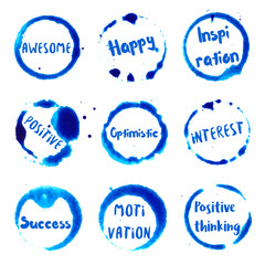 Wall Mural - Positive Thinking collection of round watercolor stains with awesome, happy, inspiration, positive, optimistic, interest, success, motivation, positive thinking text.