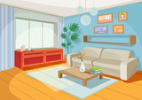 Fototapeta  - Vector illustration of a cozy cartoon interior of a home room, a living room with a sofa, coffee table, chest of drawers, shelf and window curtains