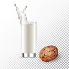 Vector realistic illustration of a glass of milk and cookies.