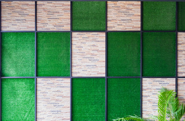 Wall of stone and artificial grass background with metal frame and palm tree.