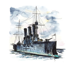 Naklejka na meble Cruiser Avrora, St. Petersburg. Hand drawing illustration. watercolor