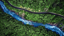 Aerial View Of Mountain River And Road. Mountain Gorge