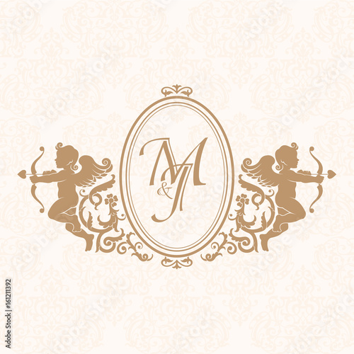 Elegant Fl Contour Monogram Design Template With Cupids For One Elegant Fl Contour Monogram Design Template With Cupids For One Or Two Letters Wedding Business Sign Ideny Restaurant