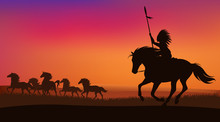 Wild West Scene With North American Indian Chasing Herd Of Mustang Horses - Vector Sunset Landscape