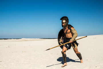 Spartan quickly runs through the sand