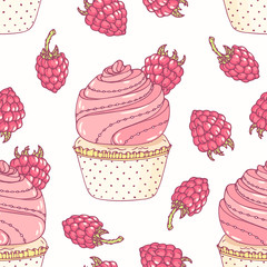 Wall Mural - Hand drawn seamless pattern with doodle cupcake and raspberry buttercream. Food background