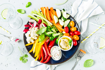 Wall Mural - Vegetarian snacks plate -  colorful vegetables and dips