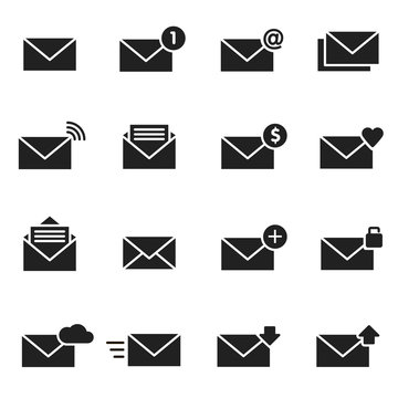 Email envelope black icon set. Message vector illustration