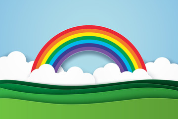 Wall Mural - nature landscape with rainbow background , paper art style