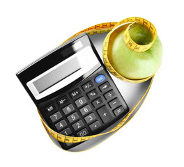 Poster - Weight loss concept. Apple, calculator and measuring tape on white background