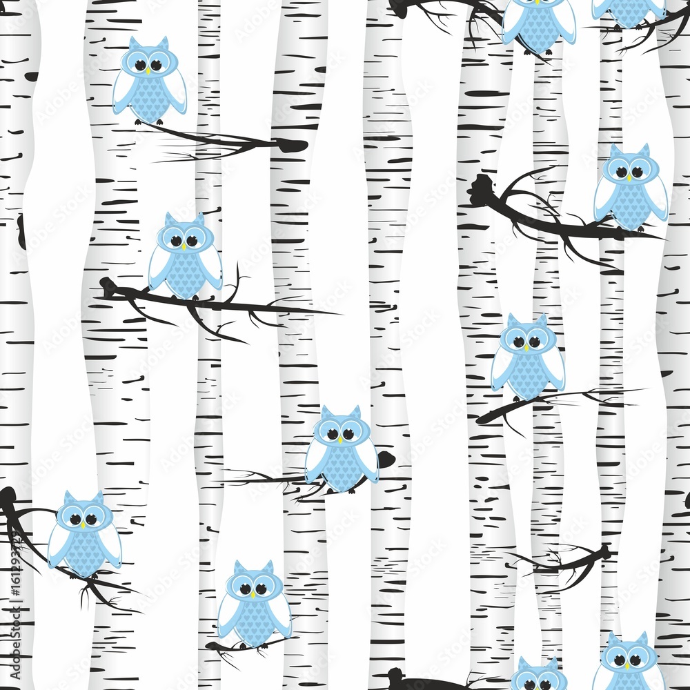 Seamless vector pattern in owls and birch - obrazy, fototapety, plakaty 