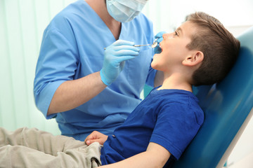 Wall Mural - Dentist examining little boy's teeth in clinic