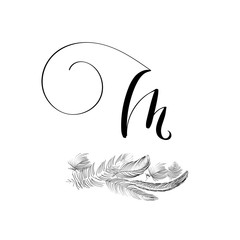 Wall Mural - Hand drawn lettering letter M in modern calligraphy style. Boho art print with decorative feathers.