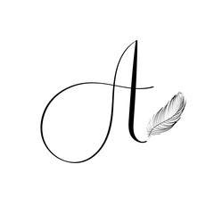 Wall Mural - Hand drawn lettering letter A in modern calligraphy style. Boho art print with decorative feathers.