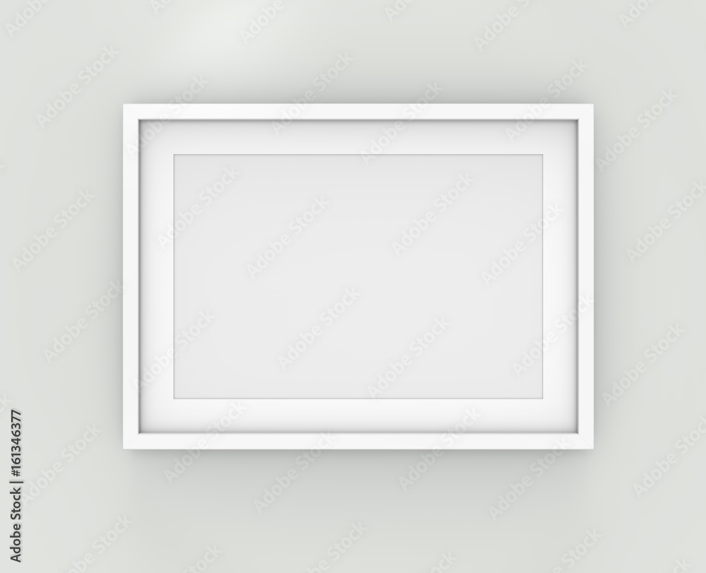 Picture frame on Wall. 3D render of Classic White Frame with white Passe-partout on Wall.  Blank for Copy Space.  - obrazy, fototapety, plakaty 