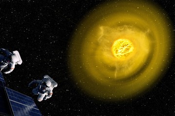 the biggest star in the universe . illustration . the astronaut against the background of space . su