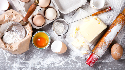 Background Baking Ingredients Flour Eggs Butter.