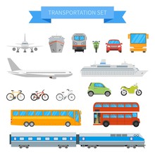 Vector Set Of Different Transportation Vehicles Isolated On White Background. Urban Transport Icons In Flat Style Design.