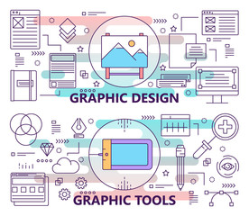 Poster - Vector set of banners with graphic design and graphic tools concept templates. Modern thin line flat design elements, symbols, icons for website menu