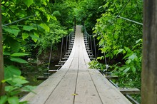 Small Wood Pedestrian Suspension Bridge With Steel Cables Over A River In The Woods