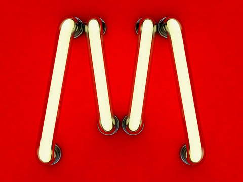 Neon tube letter on red background. 3D rendering