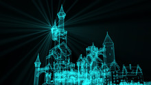 3d Rendering - Wire Frame Model Of Castle With Blue Light Ray.