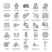 Firefighting, Fire Safety Equipment Flat Line Icons. Firefighter, Fire Engine Extinguisher, Smoke Detector, House, Danger Signs, Firehose. Flame Protection Thin Linear Pictogram.