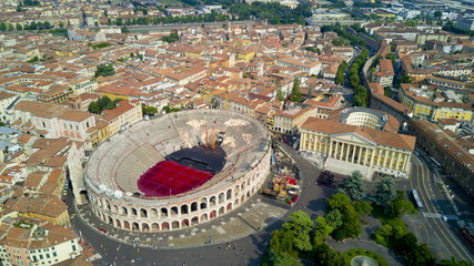 Wall Mural - Aerial video shooting with drone of Verona, city on the Adige river in Veneto famous for Romeo and Juliet a Shakespeare’s play, has been awarded World Heritage Site status by UNESCO