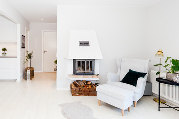 Living room in a stylish scandianvian style with fireplace and a relaxing chair