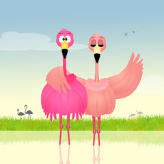 Sticker - two pink flamingos in love