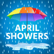 Colored realistic umbrella. Open umbrella in rainbow colors and text april showers with rain drops. Vector illustration.